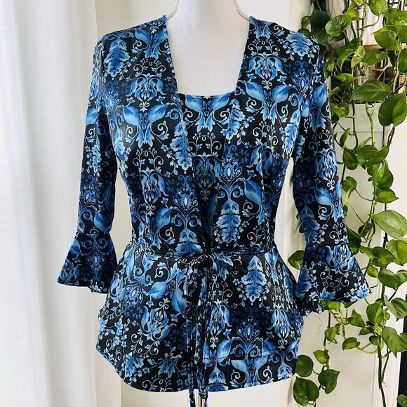 Kim Rogers Signature Black & Blue Satin Floral Peplum Top w/ Bell Sleeves - Med - Picture 1 of 9